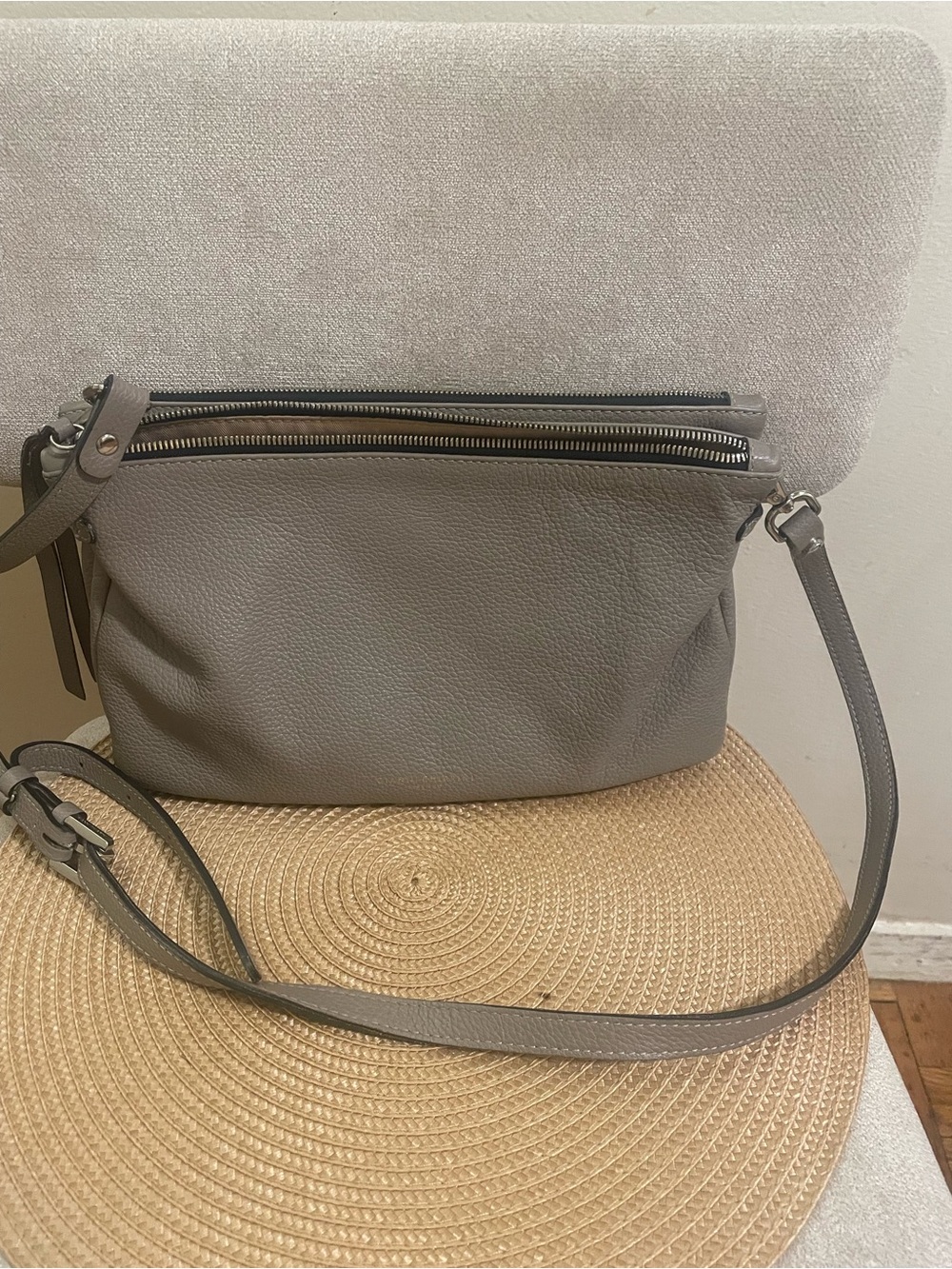 Pebbled Light Gray Zip-Top Crossbody Bag